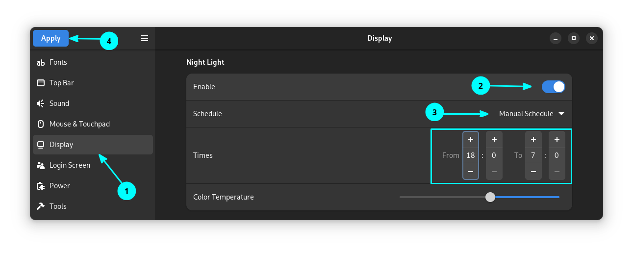 Setting to enable night light in  GDM Screen