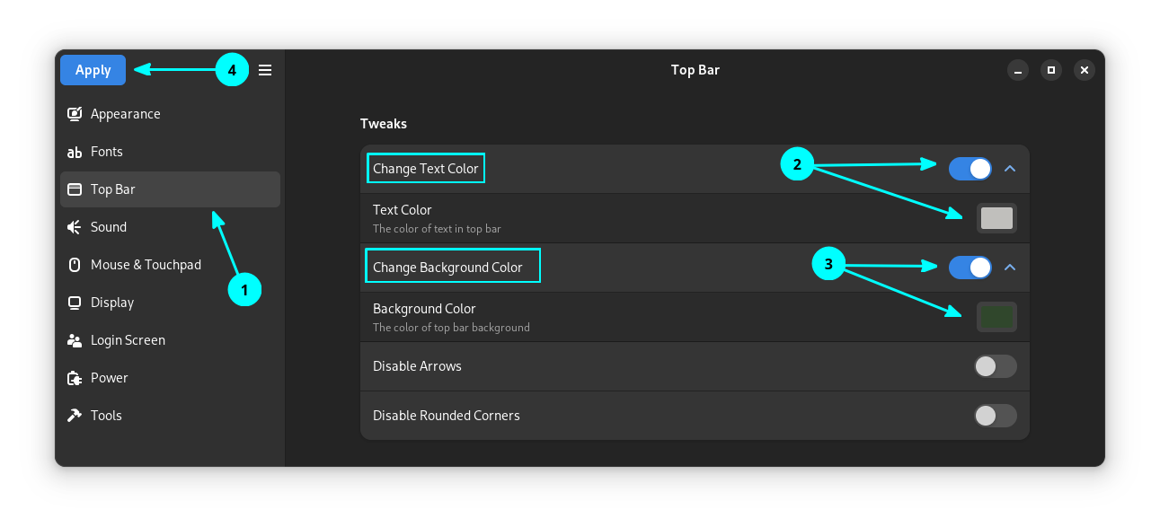 GDM Settings tool, setting to change the top bar background and text color.