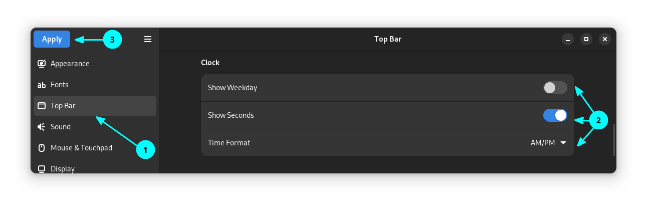 The Setting to change the GDM log in screen top bar time display format.