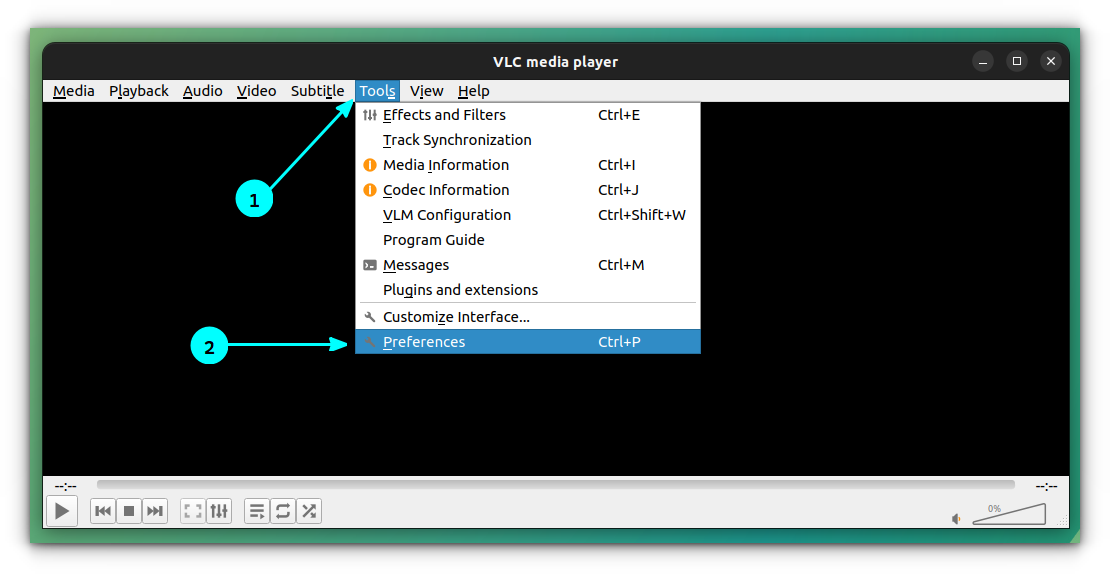 Go to Preferences window in VLC