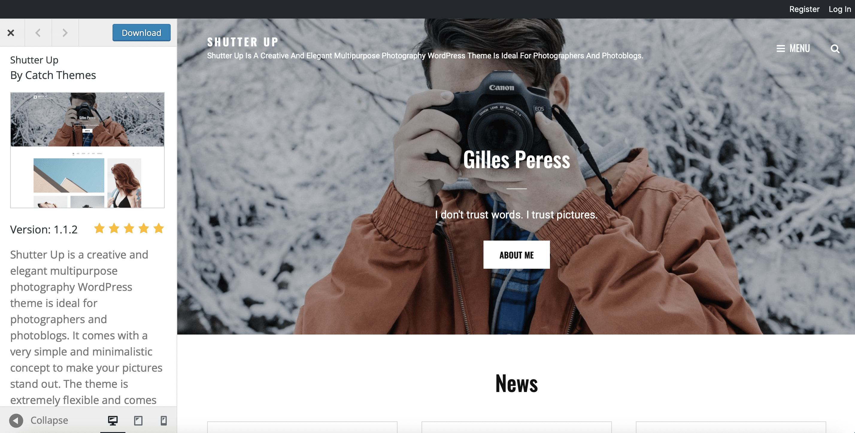 Choose a photography theme like Shutter Up