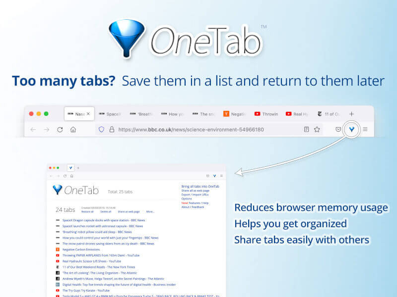 OneTab - Convert Tabs to List
