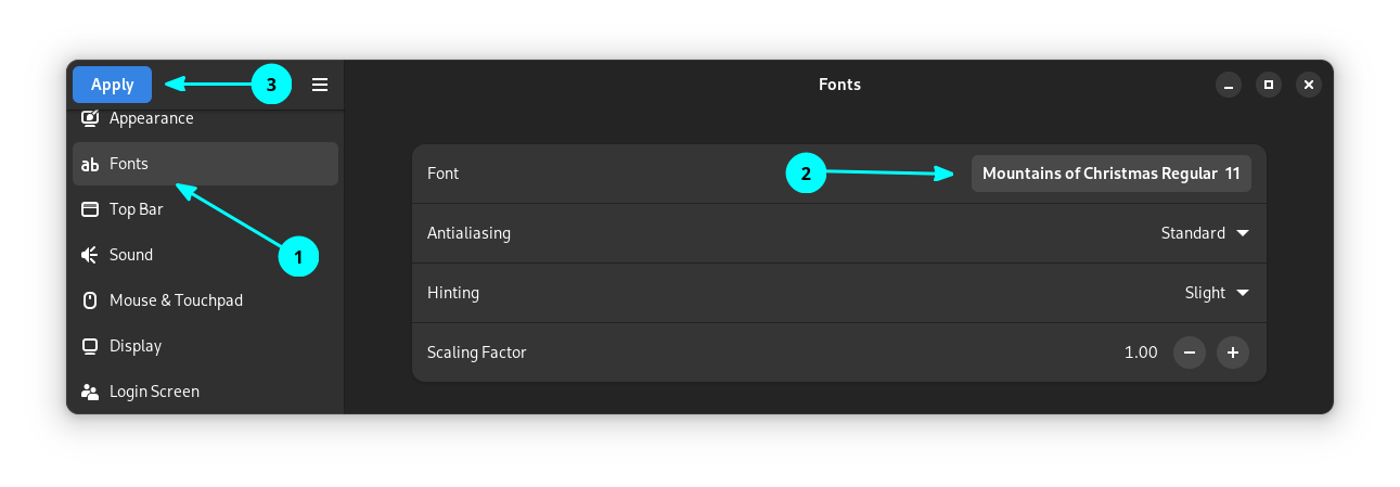 The settings to change the default font to a custom font